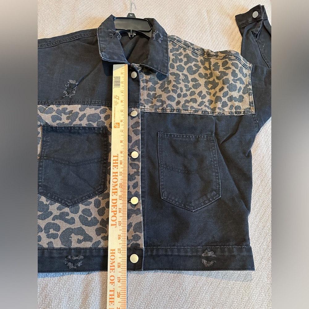 Leopard Patchwork Distressed Denim Jacket - Black/Tan, size L, NWOT - Picture 8 of 10